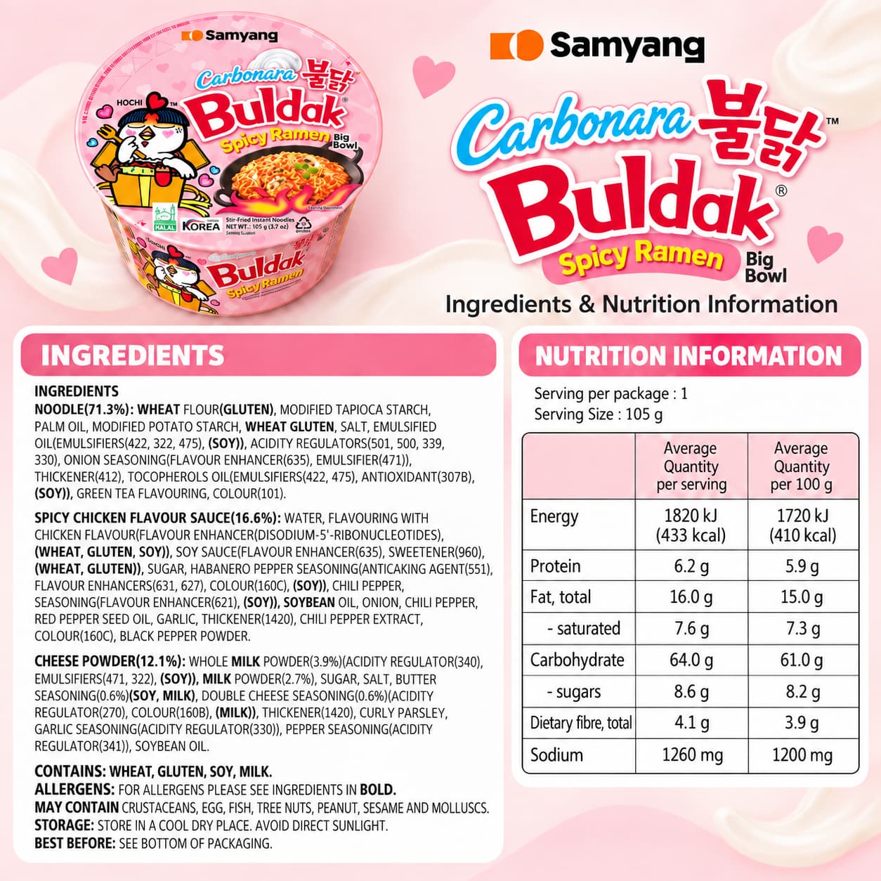 SY Buldak Carbo Ramen Big Bowl 105g thumbnail 2