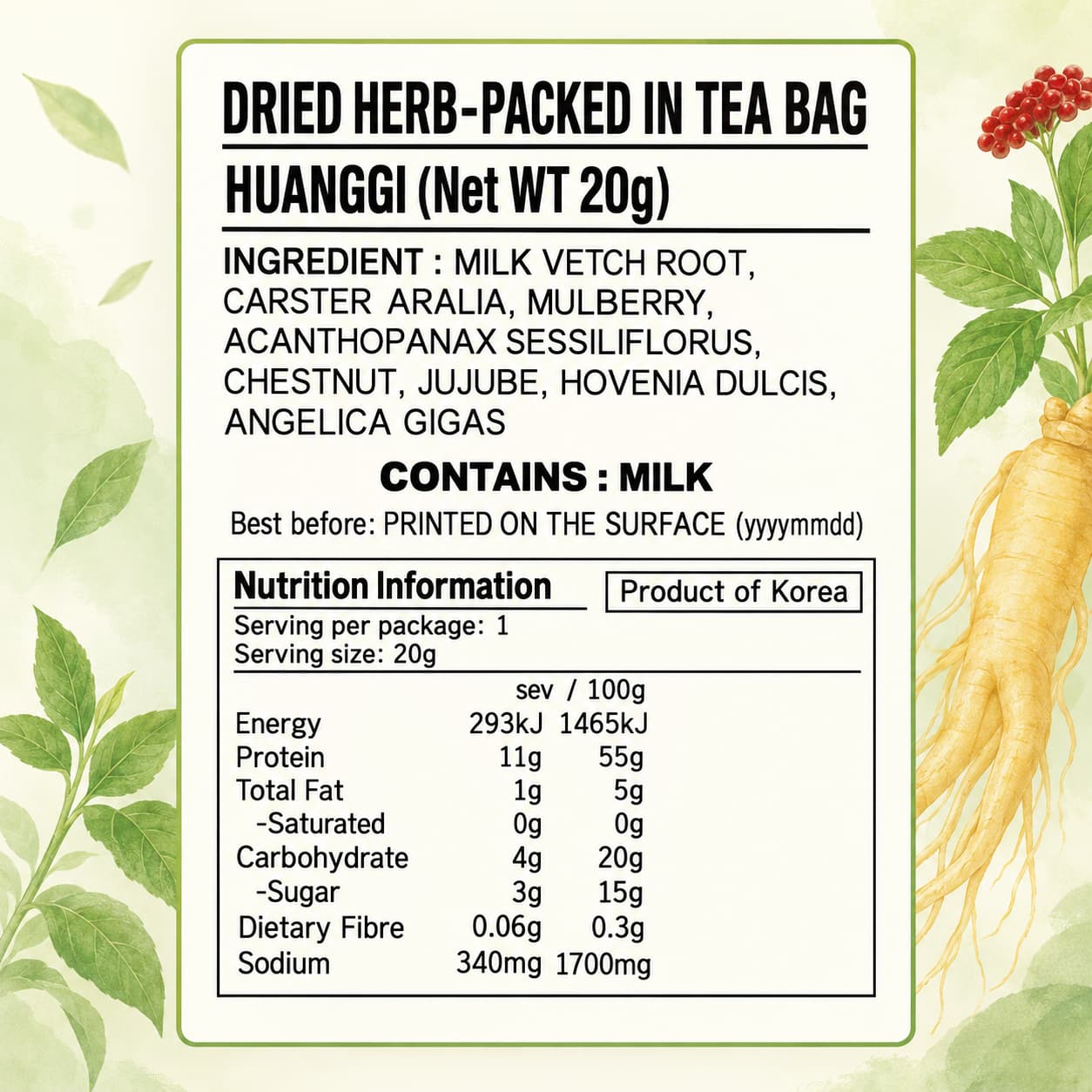 Daye Dried Herb Packed in Tea bag(Huanggi) 20g thumbnail 2