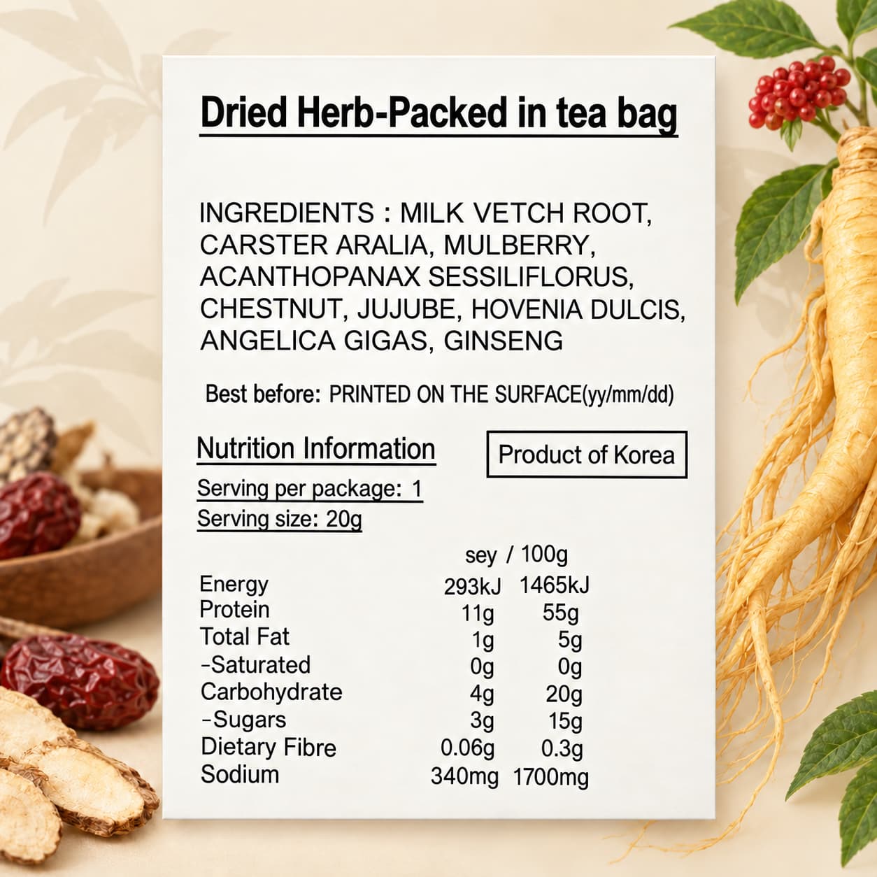 Daye Dried Herb Packed in Tea bag(Insam) 20g thumbnail 2