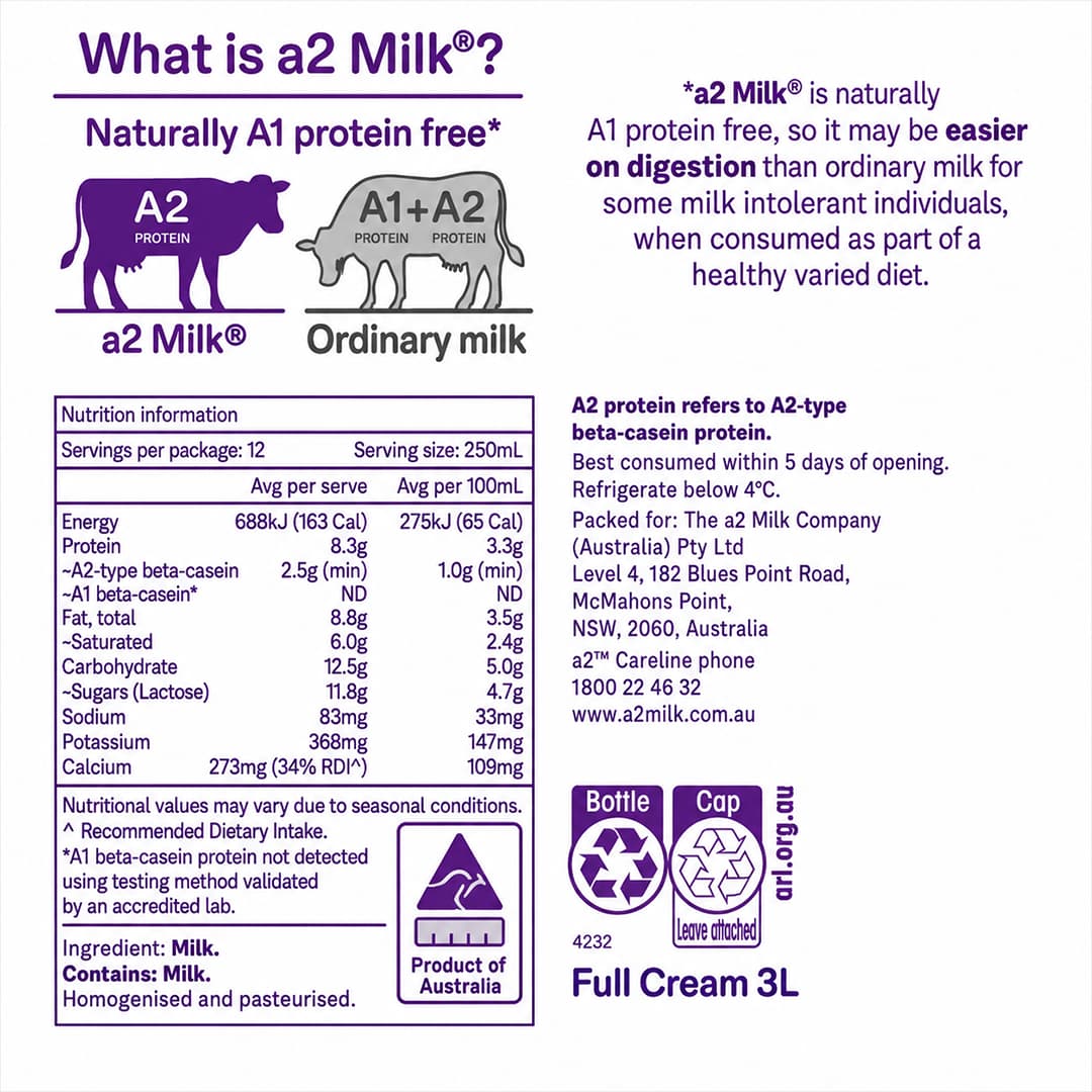 A2 Full Cream Milk 3L thumbnail 2