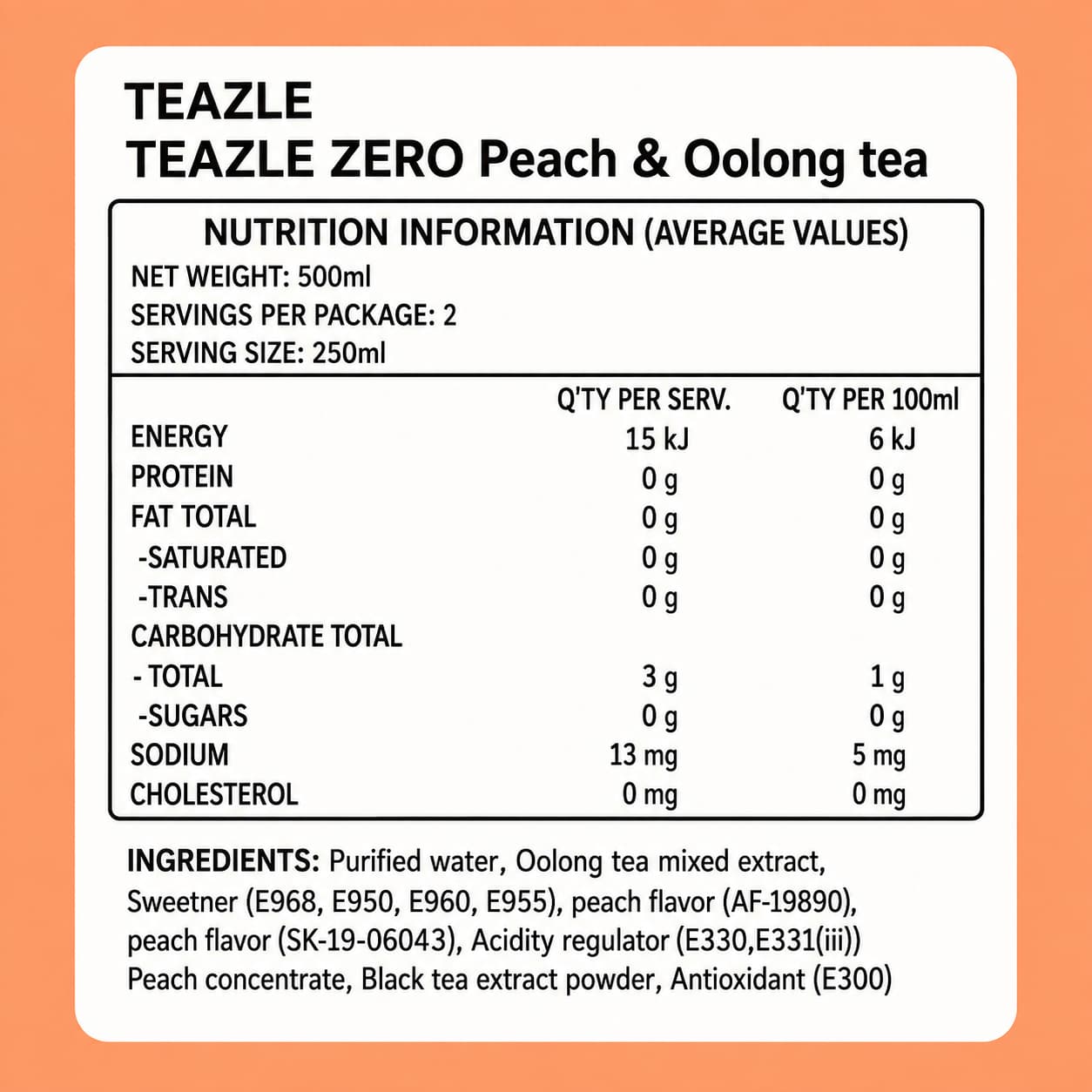 WJ Teazle Zero Peach Oolong Tea 500ml thumbnail 2