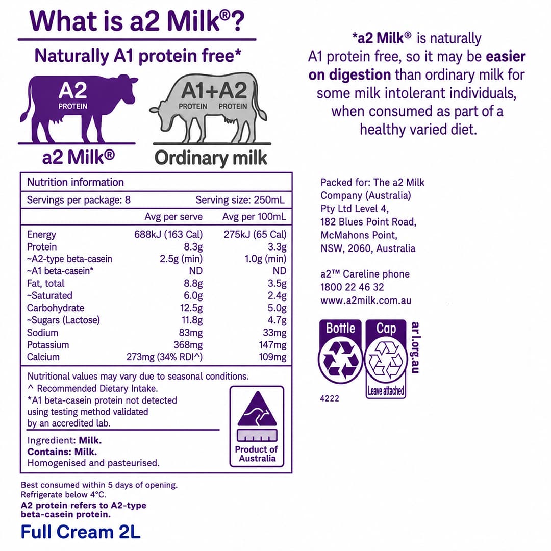 A2 Full Cream Milk 2L thumbnail 2