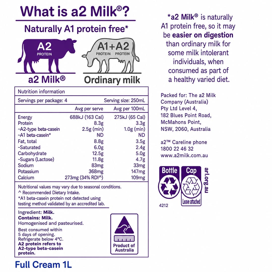 A2 Full Cream Milk 1L thumbnail 2